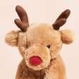 Jellycat Romi Reindeer Soft Toy close up of face with brown antlers and a red nose