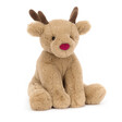 Jellycat Romi Reindeer Soft Toy on a white background with a red nose and antlers