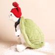 Jellycat Snowman Timmy Turtle Soft Toy with a red beanie hat and green shell view from the side