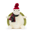 Jellycat Snowman Timmy Turtle Soft Toy with a red beanie hat and green shell