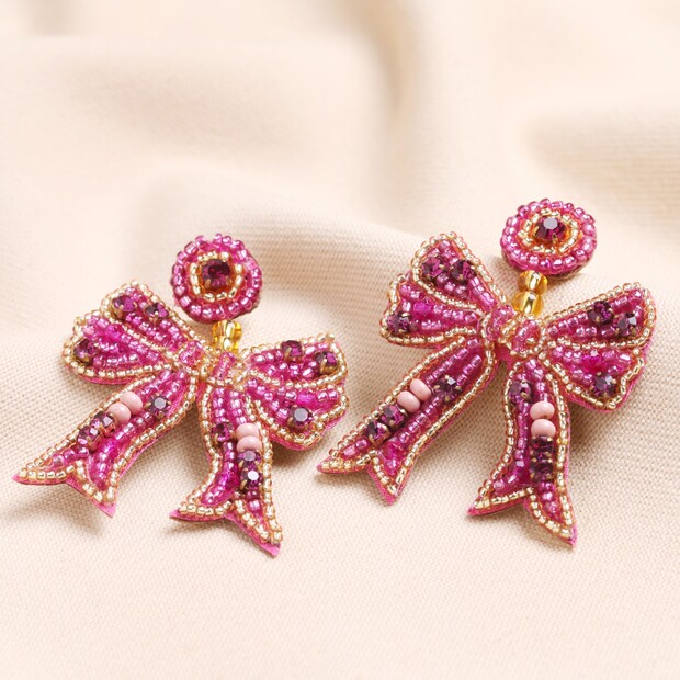 My Doris Pink Bow Drop Earrings in Gold