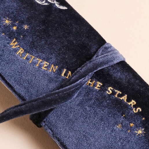 Gold lettering and tie  Gold Lettering on Navy Celestial Velvet Jewellery Roll