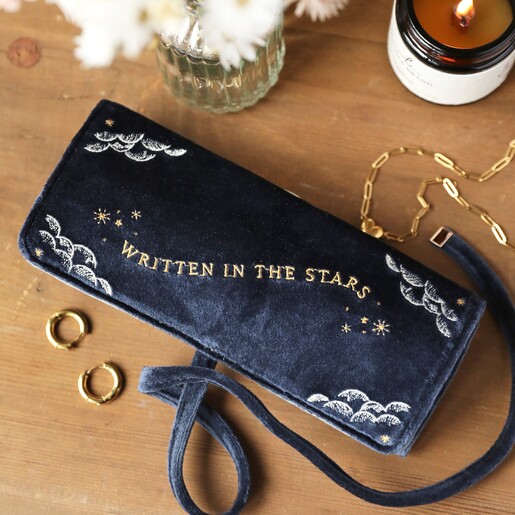 Lifestyle shot  Lifestyle shot of Navy Celestial Velvet Jewellery Roll