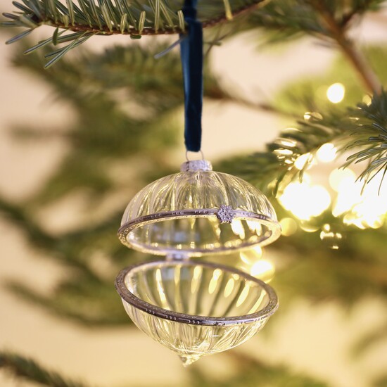 Ribbed Glass Secret Opening Bauble with Navy Ribbon