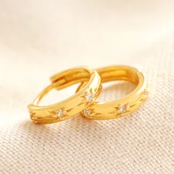 Sterling Silver Crystal Patterned Huggie Hoop Earrings in Gold