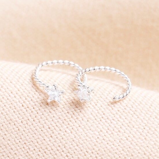 Sterling Silver Crystal Star Twisted Huggie Hoop Earrings