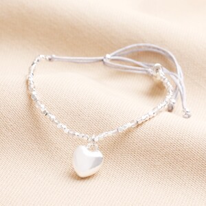 Semi Precious Beaded Heart Charm Cord Bracelet in Silver