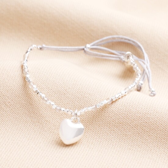 Semi Precious Beaded Heart Charm Cord Bracelet in Silver