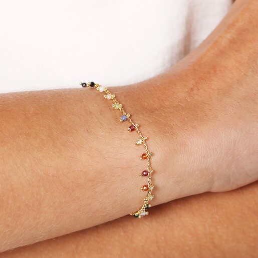 Close Up of Colourful Semi-Precious Stone Tiny Droplet Bracelet in Gold on Model