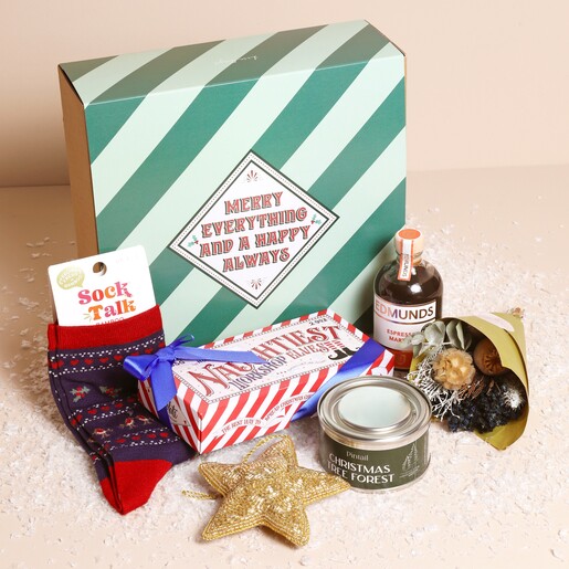 Christmas Build Your Own Gift Hamper Christmas Build Your Own Gift Hamper with contents on top of hamper box in front of beige backdrop
