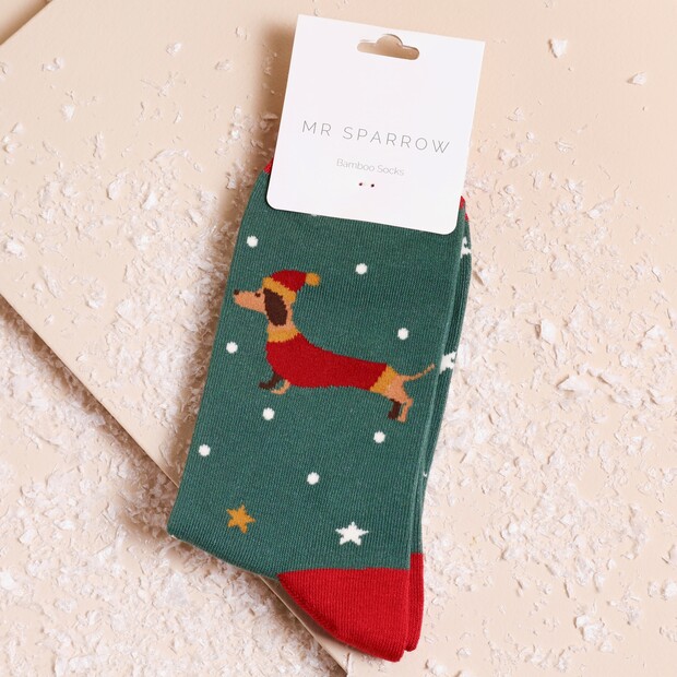 Mr Sparrow Dark Green Festive Sausage Dog Socks Mr Sparrow Dark Green Festive Sausage Dog Socks
