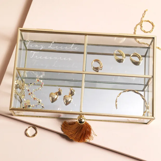 'Tiny Little Treasures' Large Glass Jewellery Box in Gold 'Tiny Little Treasures' Large Glass Jewellery Box in Gold