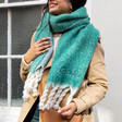 Personalised Turquiose Two Tone Winter Scarf Styled on Model