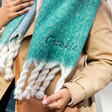 Close Up of Personalised Turquiose Two Tone Winter Scarf on Model