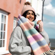 Model Wearing Pink Cable Knit Pom Pom Bobble Hat