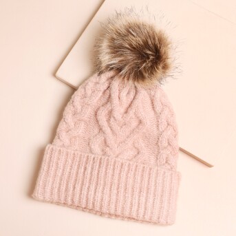 Pink Cable Knit Pom Pom Bobble Hat