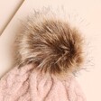 Close Up of Faur Fur Bobble on Pink Cable Knit Pom Pom Bobble Hat