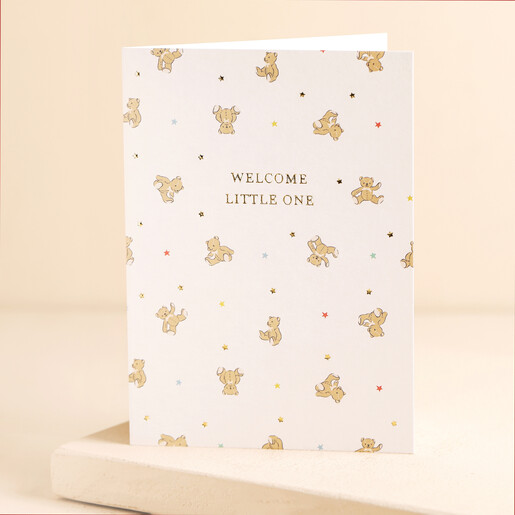 Welcome Little One Bears New Baby Card  on a Beige Background.