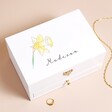 Personalised Birth Flower White Embroidered Jewellery Box on a Beige Background