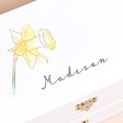 Close Up of Personalised Birth Flower White Embroidered Jewellery Box