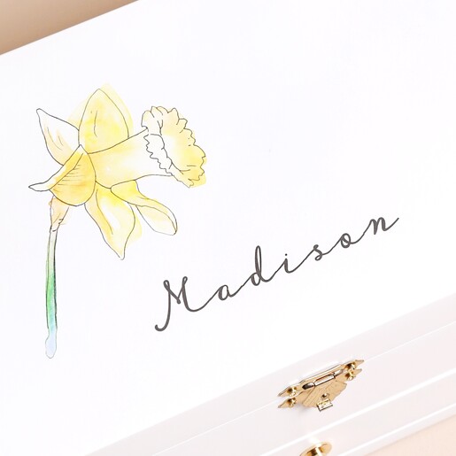 Close Up of Personalisation Close Up of Personalised Birth Flower White Embroidered Jewellery Box
