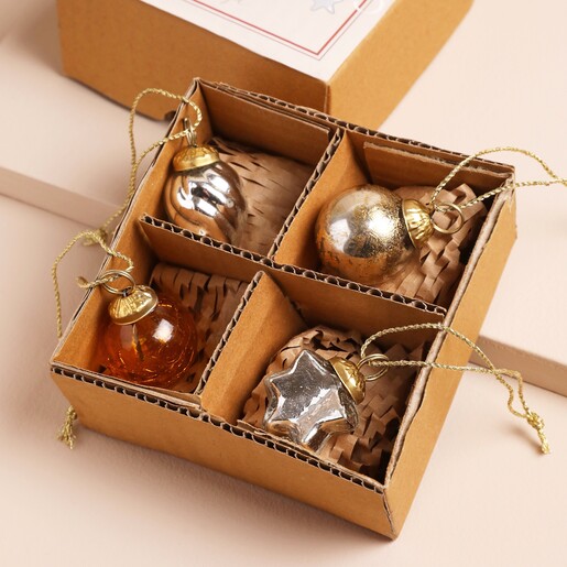 Set of 4 Boxed Mini Baubles in an open box