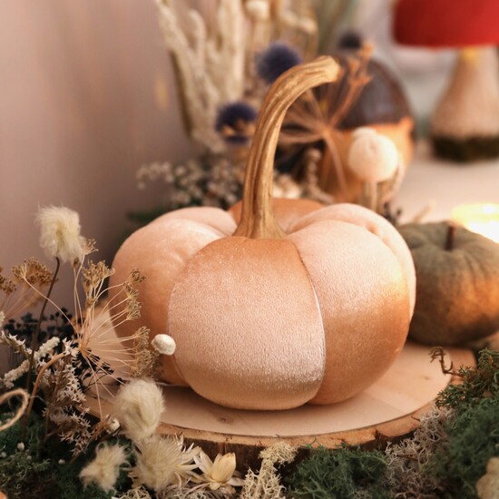 Large Peach Velvet Pumpkin Standing Decoration