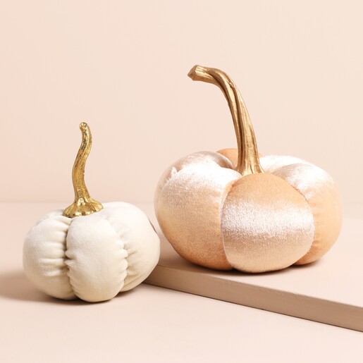Also Available in a Smaller Size in Cream Large Peach Velvet Pumpkin Standing Decoration With Smaller Cream Version