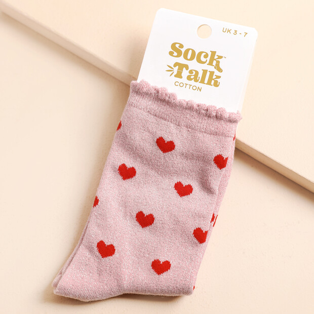 Sock Talk Women's Glitter Heart Ankle Socks with Scalloped Edge Sock Talk Women's Glitter Heart Ankle Socks with Scalloped Edge