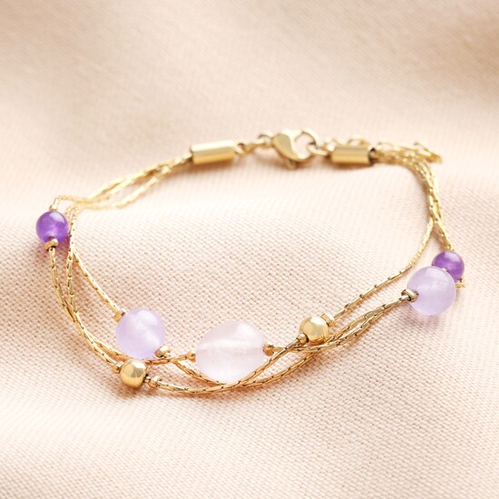 Stainless Steel Semi Precious Multi Strand Bracelet in Gold