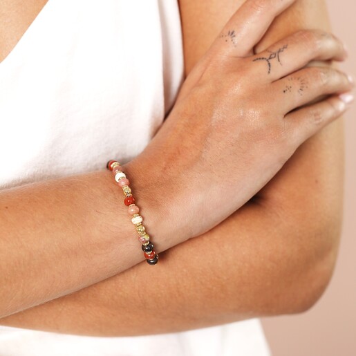 Model Shot Autumn Coloured Mixed Beaded Bracelet in Gold on Model