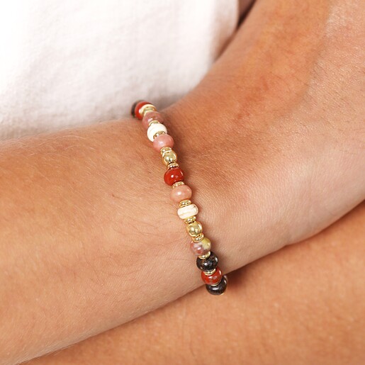 Model Shot Autumn Coloured Mixed Beaded Bracelet in Gold on Model