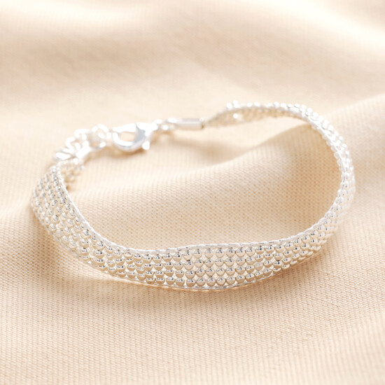 Wide Beaded Band Bracelet in Silver