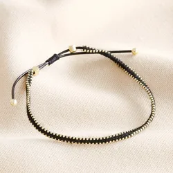 Black Pull Cord Beaded Bracelet in Gold