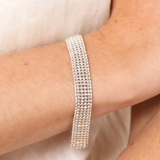 Close Up of Model Close Up of Beaded Woven Cord Bracelet in Silver on Model