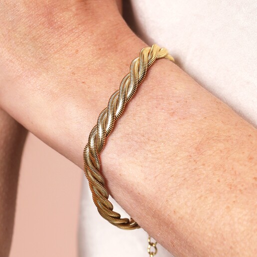 Close Up Model Shot of Gold Stainless Steel Chunky Triple Snake Chain Bracelet