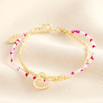Semi Precious Scribble Heart Charm Layered Beaded Bracelet in Gold