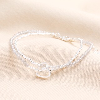 Semi Precious Scribble Heart Charm Layered Beaded Bracelet in Silver