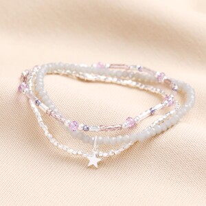 Set of 3 Beaded Bracelets with Star Charm in Silver