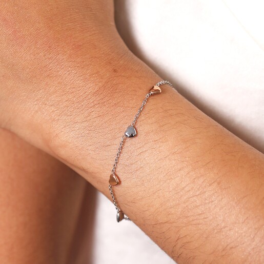 Close Up Model Shot Close Up Model Shot of Stainless Steel Mixed Metal Heart Charm Bracelet