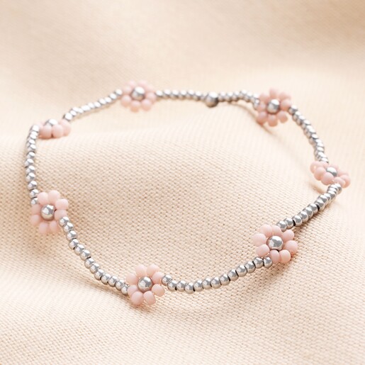 Stainless Steel Pink Daisy Beaded Bracelet in Silver Stainless Steel Pink Daisy Beaded Bracelet in Silver