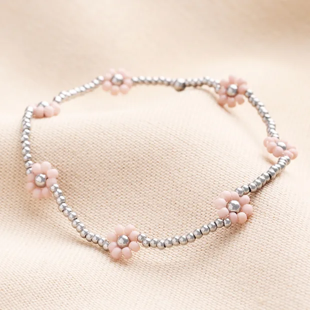 Stainless Steel Pink Daisy Beaded Bracelet Stainless Steel Pink Daisy Beaded Bracelet