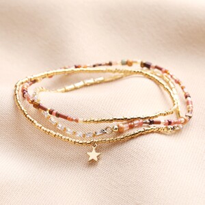 Brown Bead and Star Charm Multi Layer Bracelet in Gold