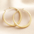 A pair of tapered, narrow gold earrings with a wide, weighted base. The earrings and very slim and they fasten with a lever latch.