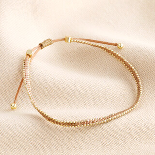Leather Pull Cord Beaded Bracelet in Gold