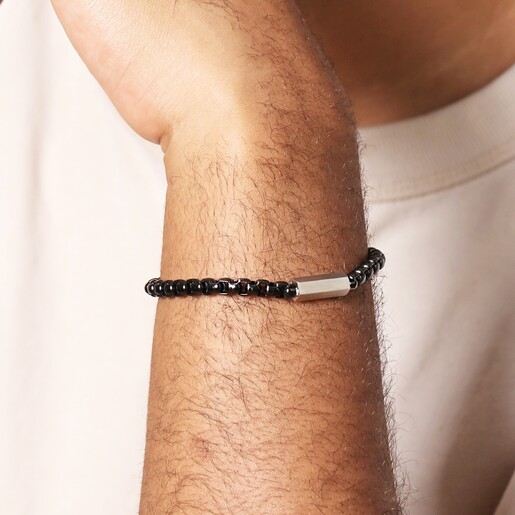 Close Up of Men's Black Stainless Steel Box Chain Bracelet on Model