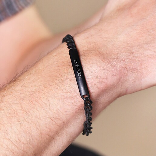 Close up model shot Close up model sho of Personalised Men's Black Stainless Steel Chain ID Bracelet