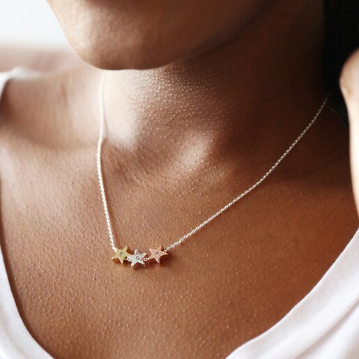 Close Up Model Shot of Personalised Mixed Metal Triple Star Bead Necklace