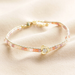 Crystal Heart Charm Pink Beaded Bracelet