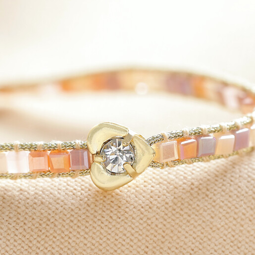 Close Up of Crystal Heart Close Up of Sparkly Detail on Crystal Heart Charm Pink Beaded Bracelet